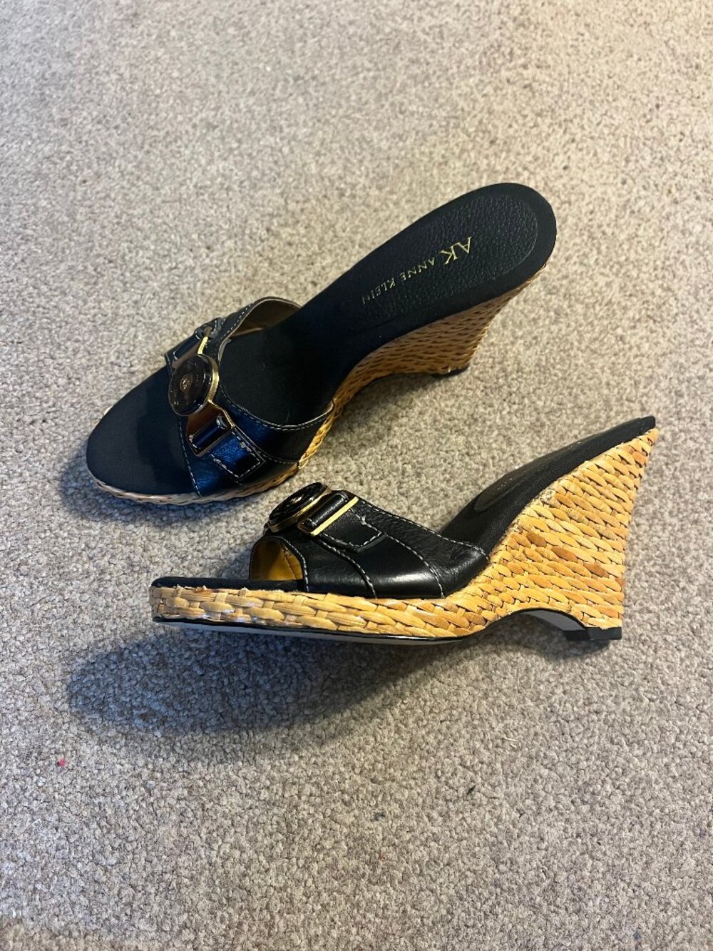 Anne Klein Black Leather Raffia Wedge Sandals, Size 6.5 M